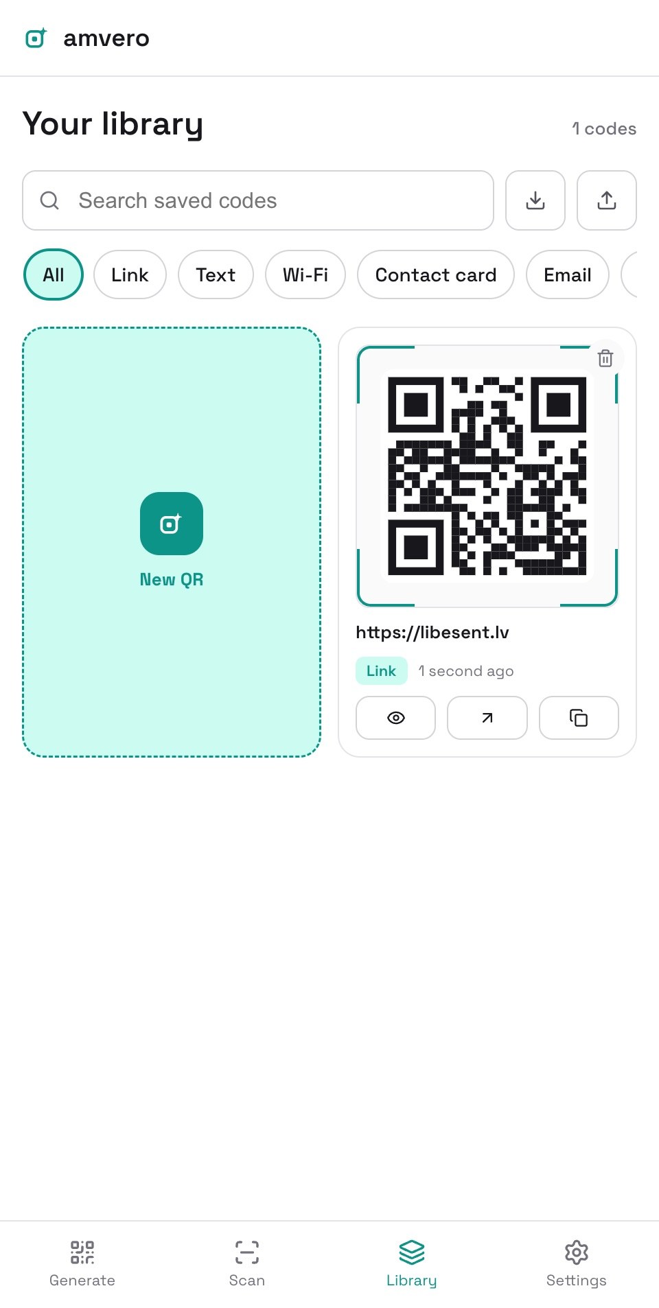 Bibliotēkas ekrāns ar saglabātajiem QR kodiem, meklēšanu, filtru un eksporta kontrolēm